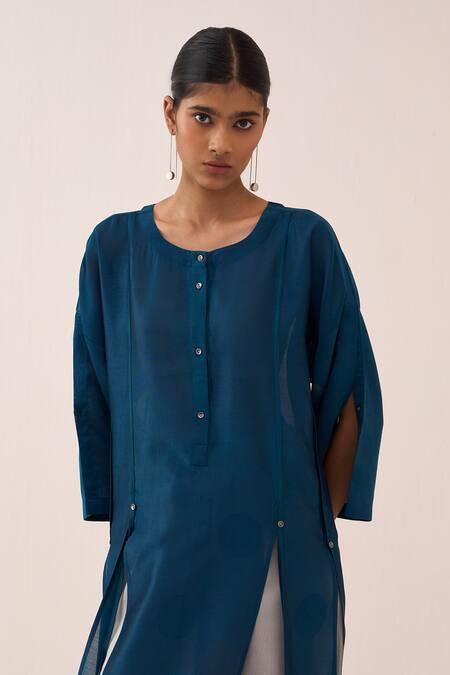 Three_Teal Chanderi Applique Tunic And Pant Set _at_Aza_Fashions