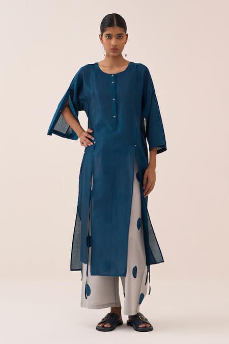 Shop_Three_Teal Chanderi Applique Tunic And Pant Set 