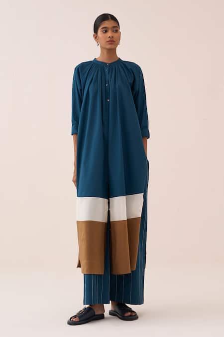 Shop Three Ivory Cotton, Poplin Embroidery Panel Gather Tunic And Pant Set Online at Aza Fashions Shop_Three_Ivory Cotton, Poplin Embroidery Panel Gather Tunic And Pant Set _Online_at_Aza_Fashions