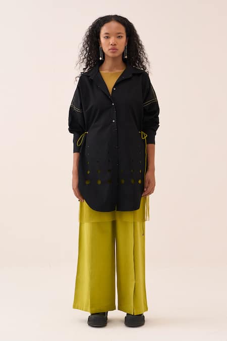 Buy_Three_Black , Poplin, Handloom Cutout Shirt Pant Set _Online_at_Aza_Fashions