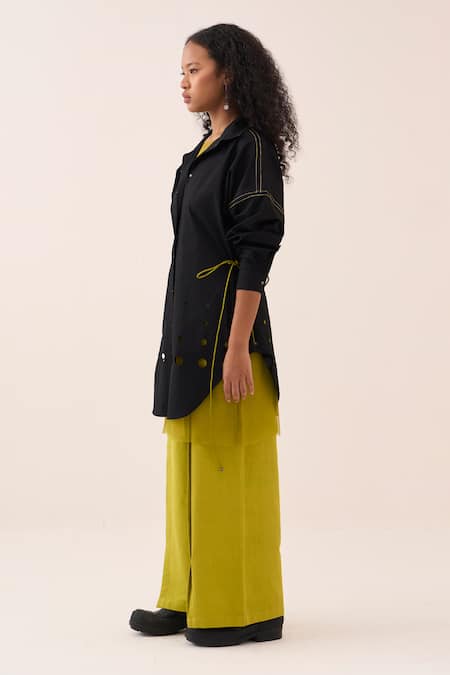 Shop_Three_Black , Poplin, Handloom Cutout Shirt Pant Set _Online_at_Aza_Fashions
