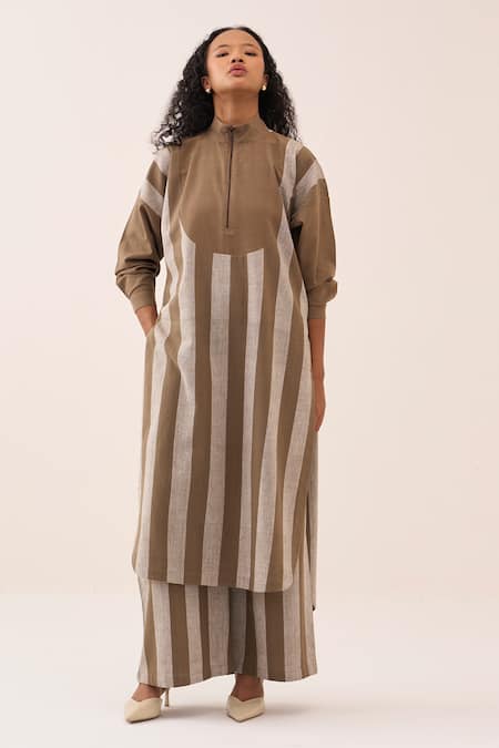 Shop Three Beige Cotton Stripe Handwoven Kurta And Pant Set Online at Aza Fashions Shop_Three_Beige Cotton Stripe Handwoven Kurta And Pant Set _Online_at_Aza_Fashions