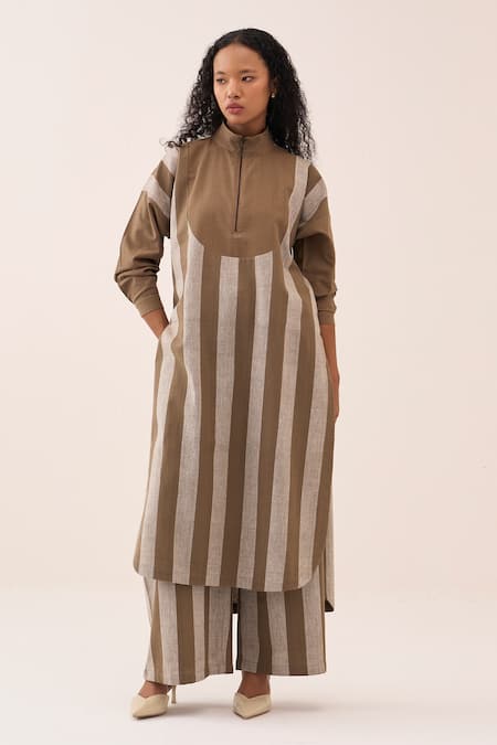 Three Beige Cotton Stripe Handwoven Kurta And Pant Set at Aza Fashions Three_Beige Cotton Stripe Handwoven Kurta And Pant Set _at_Aza_Fashions