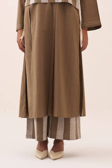 Buy_Three_Brown Embroidery Striped Handwoven Cotton Tunic Set _Online_at_Aza_Fashions