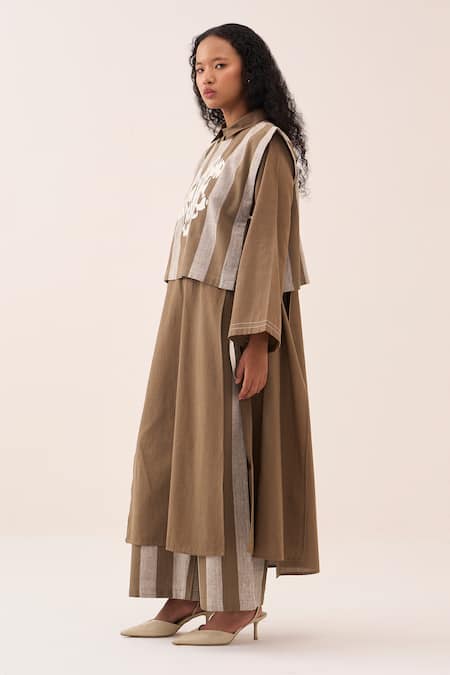 Shop_Three_Brown Embroidery Striped Handwoven Cotton Tunic Set _Online_at_Aza_Fashions