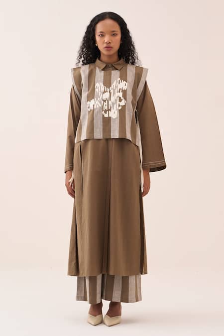 Three_Brown Embroidery Striped Handwoven Cotton Tunic Set _at_Aza_Fashions