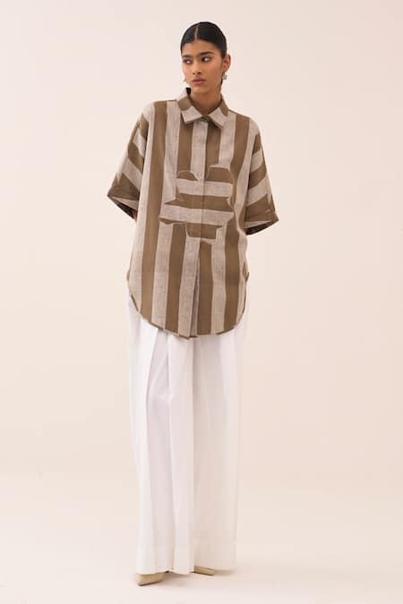 Buy_Three_Beige Cotton, Poplin Applique Striped Shirt And Pant Set _Online_at_Aza_Fashions