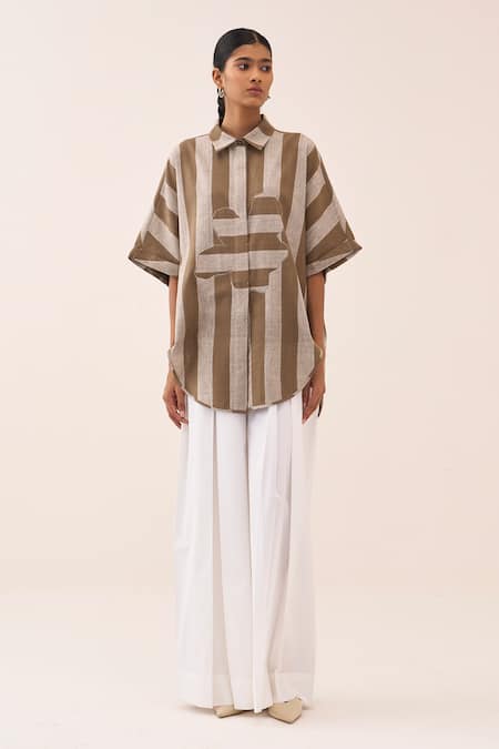 Shop_Three_Beige Cotton, Poplin Applique Striped Shirt And Pant Set _Online_at_Aza_Fashions