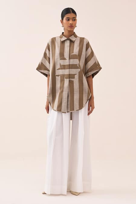 Three_Beige Cotton, Poplin Applique Striped Shirt And Pant Set _at_Aza_Fashions