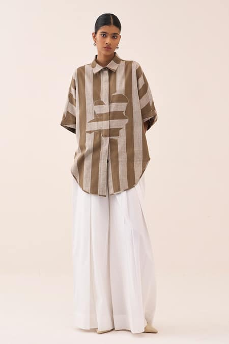 Buy_Three_Beige Cotton, Poplin Applique Striped Shirt And Pant Set 