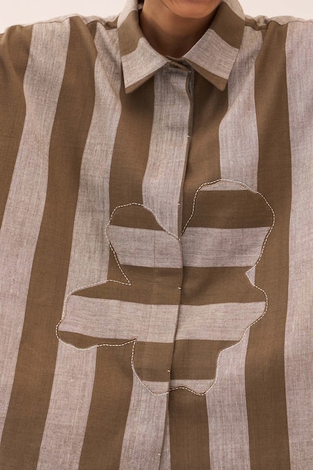 Shop_Three_Beige Cotton, Poplin Applique Striped Shirt And Pant Set 