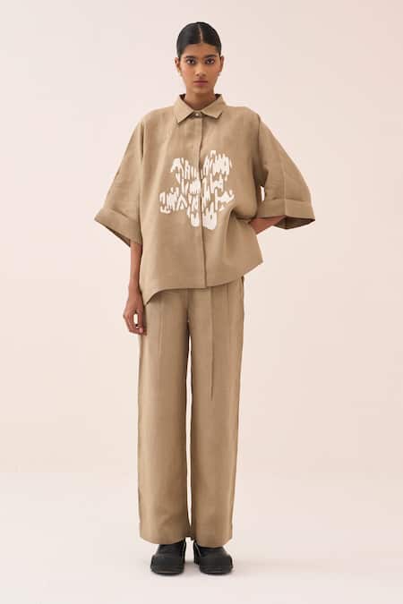 Three Floral Embroidered Linen Shirt & Pant Set 