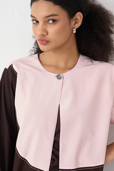 Three Pink Cotton, Crepe, Poplin Embroidery Moon Jacket Co-ord Set at Aza Fashions Three_Pink Cotton, Crepe, Poplin Embroidery Moon Jacket Co-ord Set _at_Aza_Fashions