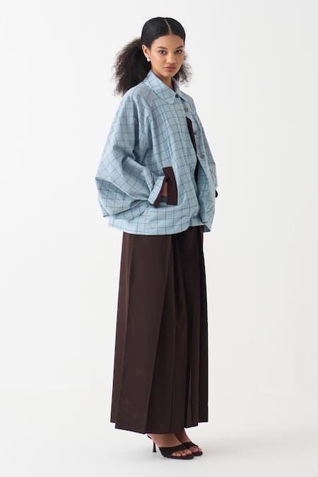 Buy_Three_Blue Cotton Handwoven Checked Jacket And Pant Set _Online_at_Aza_Fashions