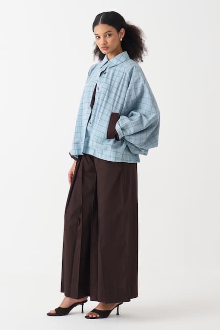 Three_Blue Cotton Handwoven Checked Jacket And Pant Set _at_Aza_Fashions