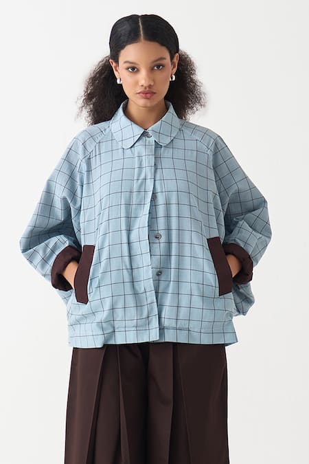 Shop_Three_Blue Cotton Handwoven Checked Jacket And Pant Set 