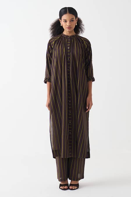 Three Striped Handwoven Cotton Mul Kurta & Pant Set 