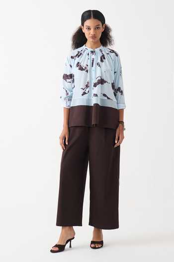 Three_Blue Silk, Crepe, Handloom Cotton Mandarin Collar Top And Pant Set _Online_at_Aza_Fashions