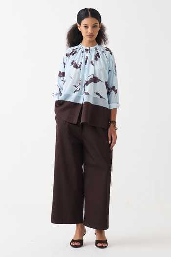 Shop_Three_Blue Silk, Crepe, Handloom Cotton Mandarin Collar Top And Pant Set _Online_at_Aza_Fashions