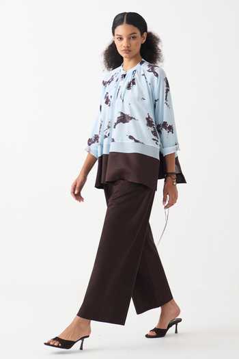 Three_Blue Silk, Crepe, Handloom Cotton Mandarin Collar Top And Pant Set _at_Aza_Fashions