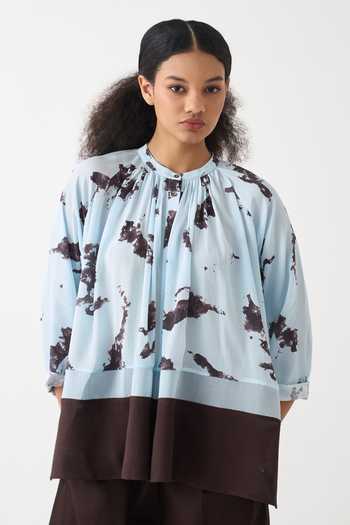 Buy_Three_Blue Silk, Crepe, Handloom Cotton Mandarin Collar Top And Pant Set 