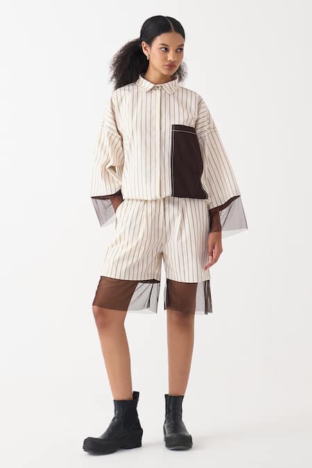 Three Striped Cotton Poplin Shirt & Shorts Set 
