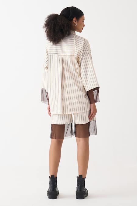 Three Striped Cotton Poplin Shirt & Shorts Set 