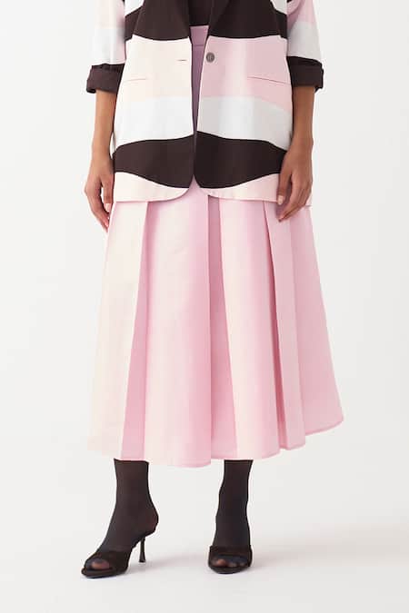 Three_Pink Chanderi, Crepe Applique Jacket And Pleated Skirt Set _Online_at_Aza_Fashions