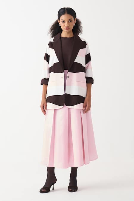 Buy_Three_Pink Chanderi, Crepe Applique Jacket And Pleated Skirt Set _Online_at_Aza_Fashions