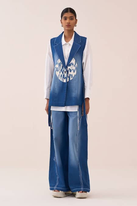 Buy_Three_Blue Denim Embroidery Circle Waistcoat _Online_at_Aza_Fashions