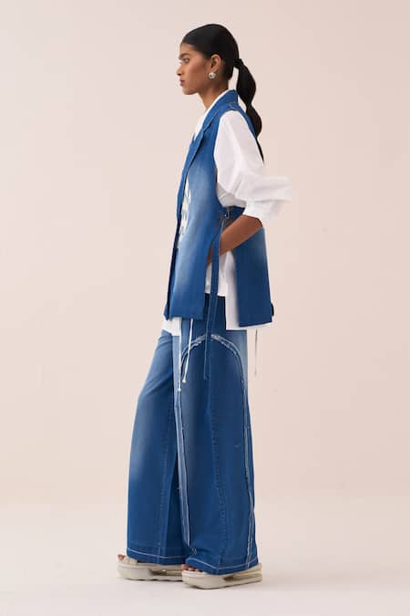 Three_Blue Denim Embroidery Circle Waistcoat _at_Aza_Fashions