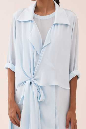 Three_Blue Crepe Collared Tie Up Jacket And Slip Set _Online_at_Aza_Fashions