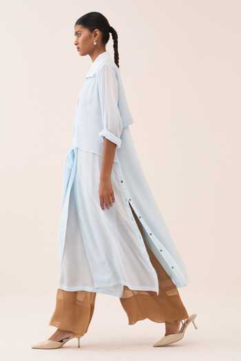 Buy_Three_Blue Crepe Collared Tie Up Jacket And Slip Set _Online_at_Aza_Fashions