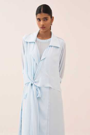 Shop_Three_Blue Crepe Collared Tie Up Jacket And Slip Set _Online_at_Aza_Fashions