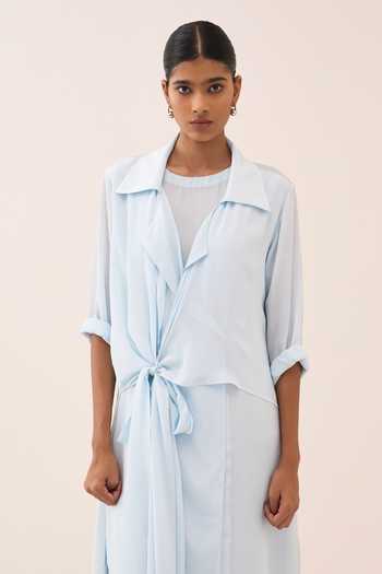 Three_Blue Crepe Collared Tie Up Jacket And Slip Set _at_Aza_Fashions