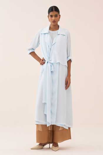 Shop_Three_Blue Crepe Collared Tie Up Jacket And Slip Set 