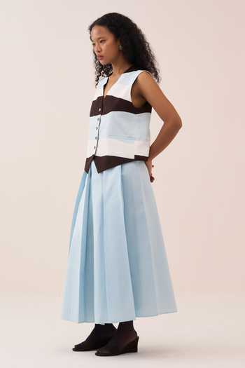 Three_Blue Chanderi, Crepe Applique V-neck Colorblock Waistcoat _Online_at_Aza_Fashions