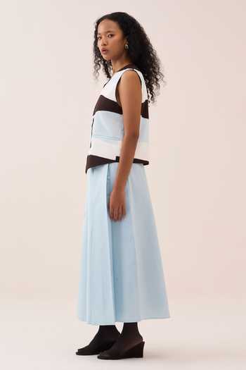 Buy_Three_Blue Chanderi, Crepe Applique V-neck Colorblock Waistcoat _Online_at_Aza_Fashions