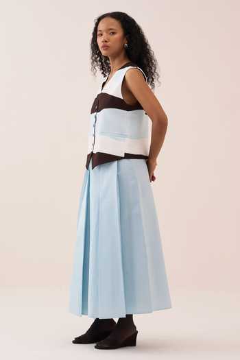 Shop_Three_Blue Chanderi, Crepe Applique V-neck Colorblock Waistcoat _Online_at_Aza_Fashions