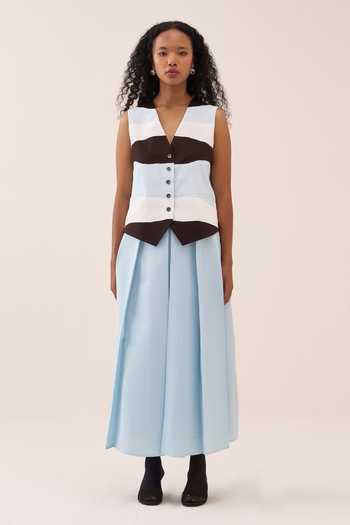 Three_Blue Chanderi, Crepe Applique V-neck Colorblock Waistcoat _at_Aza_Fashions