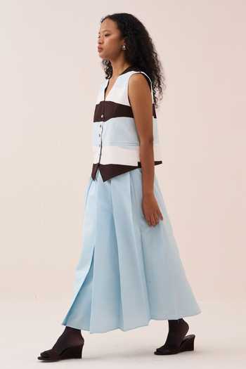 Buy_Three_Blue Chanderi, Crepe Applique V-neck Colorblock Waistcoat 
