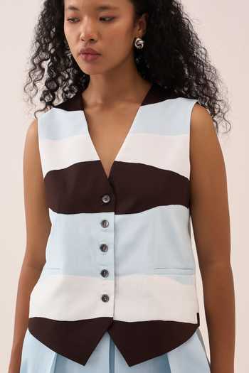 Shop_Three_Blue Chanderi, Crepe Applique V-neck Colorblock Waistcoat 