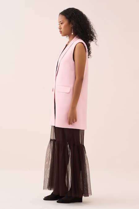 Three Pink Crepe, Satin Collared Longline Waistcoat Online at Aza Fashions Three_Pink Crepe, Satin Collared Longline Waistcoat _Online_at_Aza_Fashions