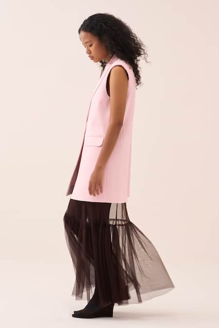 Buy Three Pink Crepe, Satin Collared Longline Waistcoat Online at Aza Fashions Buy_Three_Pink Crepe, Satin Collared Longline Waistcoat _Online_at_Aza_Fashions