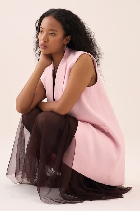 Buy Three Pink Crepe, Satin Collared Longline Waistcoat Buy_Three_Pink Crepe, Satin Collared Longline Waistcoat