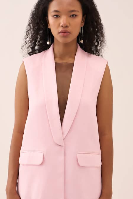 Shop Three Pink Crepe, Satin Collared Longline Waistcoat Shop_Three_Pink Crepe, Satin Collared Longline Waistcoat