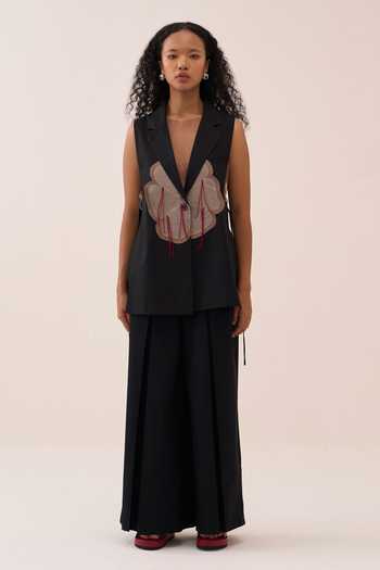 Three_Black Cotton, Poplin Tassels, Applique V-neck Floral Waistcoat _Online_at_Aza_Fashions