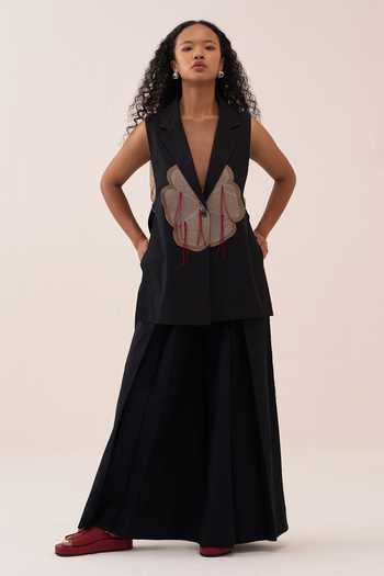 Buy_Three_Black Cotton, Poplin Tassels, Applique V-neck Floral Waistcoat _Online_at_Aza_Fashions