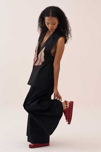 Shop_Three_Black Cotton, Poplin Tassels, Applique V-neck Floral Waistcoat _Online_at_Aza_Fashions