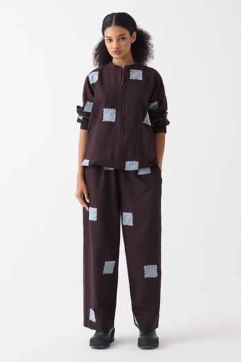 Shop_Three_Blue Cotton Embroidery Mandarin Collar Square Wave Bomber Jacket _Online_at_Aza_Fashions